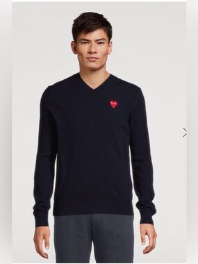Play Comme des Garcons Men's V-Neck Wool Sweater with Heart Patch Size XL